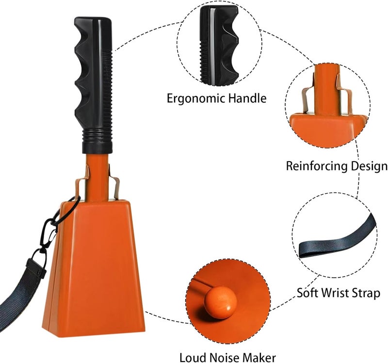 HEYLEAYAR 10Inch Cowbells with Handle for Sporting Events, 2Pcs Large Cow Bells with Wrist Straps, Loud Noise Makers for Cheering Football Games Spirit Marathon Weddings Party Noisemakers, Orange - Image 3